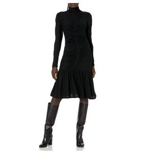 Rebecca Taylor Black Ruched Mock Neck Long Sleeve Ruffle Hem Dress Size 2